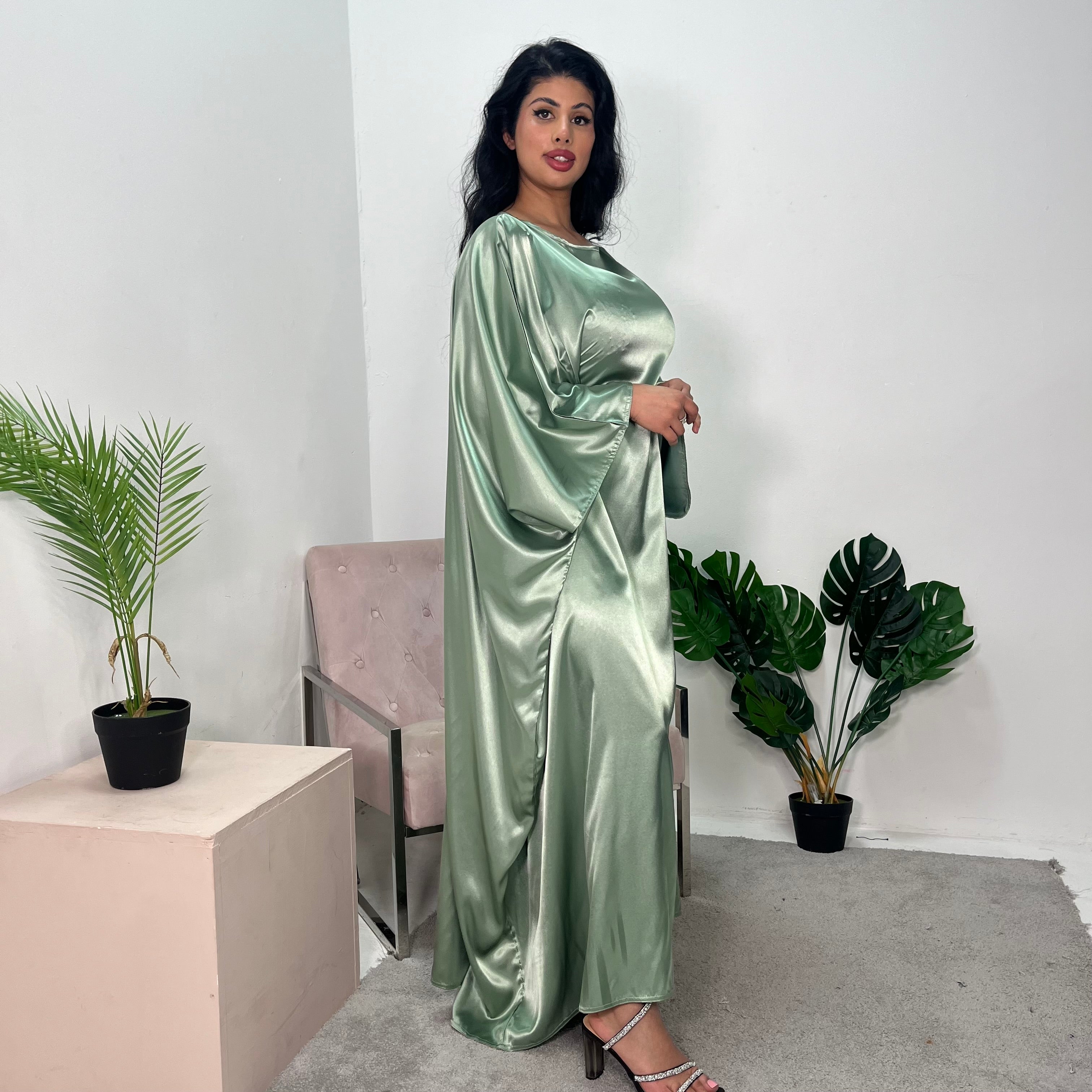 Ziyrah Sage Green Quality Satin Kaftan Dress House Of Haniya Ziyrah Sage Green Quality Satin Kaftan Dress House Of Haniya