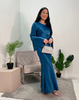 Aqsa Petrol Blue Tie Back Satin Quality Dress