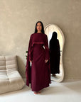 Fia Wine Lace Trim Detail Modest Tie Back Dress