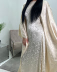 Amna Cream Satin Leaf Print Kaftan Dress