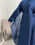 Sal Midnight Blue Satin Dress With Attached Mesh Kaftan