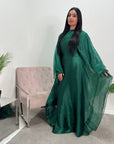 Sal Emerald Green Satin Dress With Attached Mesh Kaftan