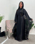 Sal Black Satin Dress With Attached Mesh Kaftan