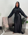 Miranda Black Two Piece Satin Dress With Mesh Cape