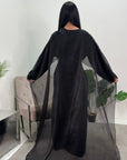 Miranda Black Two Piece Satin Dress With Mesh Cape