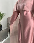 Miranda Pink Two Piece Satin Dress With Mesh Cape