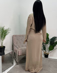Hera Beige Cowl Neck Side Knot Elegant Modest Dress