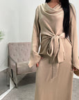 Hera Beige Cowl Neck Side Knot Elegant Modest Dress