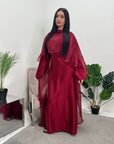 Miranda Wine Two Piece Satin Dress With Mesh Cape