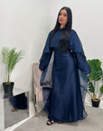 Miranda Midnight Blue Two Piece Satin Dress With Mesh Cape