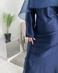 Miranda Midnight Blue Two Piece Satin Dress With Mesh Cape