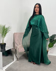 Miranda Emerald Green Two Piece Satin Dress With Mesh Cape