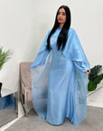 Miranda Sky Blue Two Piece Satin Dress With Mesh Cape