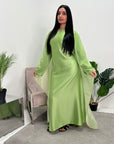 Aisha Green Mesh Cape Satin Tie Back Modest Dress