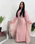 Aisha Pink Mesh Cape Satin Tie Back Modest Dress