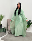Aisha Mint Mesh Cape Satin Tie Back Modest Dress