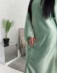 Aisha Mint Mesh Cape Satin Tie Back Modest Dress