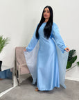 Aisha Sky Blue Mesh Cape Satin Tie Back Modest Dress