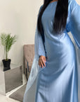 Aisha Sky Blue Mesh Cape Satin Tie Back Modest Dress