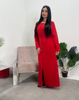 Hana Red Square Neck Split Dress With Button Detail