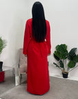 Hana Red Square Neck Split Dress With Button Detail