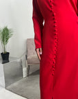 Hana Red Square Neck Split Dress With Button Detail