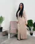Hana Beige Square Neck Split Dress With Button Detail