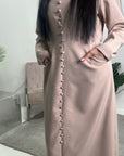 Hana Beige Square Neck Split Dress With Button Detail