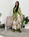 Liah Lime Green Printed Floral Satin Kaftan Dress