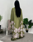 Liah Lime Green Printed Floral Satin Kaftan Dress