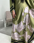 Liah Lime Green Printed Floral Satin Kaftan Dress