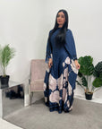 Liah Navy Printed Floral Satin Kaftan Dress