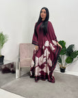 Liah Wine Printed Floral Satin Kaftan Dress