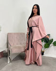 Mina Pink Modest Kaftan Dress With Contrast Trim And Belt