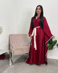 Mina Wine Modest Kaftan Dress With Contrast Trim And Belt