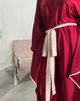 Mina Wine Modest Kaftan Dress With Contrast Trim And Belt