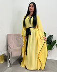 Mina Yellow Modest Kaftan Dress With Contrast Trim And Belt