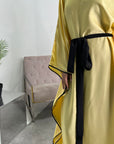 Mina Yellow Modest Kaftan Dress With Contrast Trim And Belt