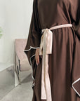 Mina Chocolate Modest Kaftan Dress With Contrast Trim And Belt