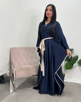 Mina Navy Modest Kaftan Dress With Contrast Trim And Belt