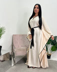 Mina Cream Modest Kaftan Dress With Contrast Trim And Belt