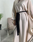Mina Cream Modest Kaftan Dress With Contrast Trim And Belt