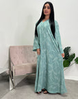 Mira Mint Modest Abaya Dress With V-Neck And Floral Design