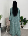 Mira Mint Modest Abaya Dress With V-Neck And Floral Design