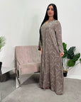 Mira Mocha Modest Abaya Dress With V-Neck And Floral Design