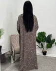 Mira Mocha Modest Abaya Dress With V-Neck And Floral Design