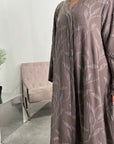 Mira Mocha Modest Abaya Dress With V-Neck And Floral Design