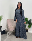 Mira Charcoal Modest Abaya Dress With V-Neck And Floral Design