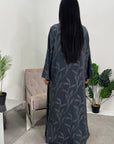 Mira Charcoal Modest Abaya Dress With V-Neck And Floral Design