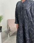Mira Charcoal Modest Abaya Dress With V-Neck And Floral Design